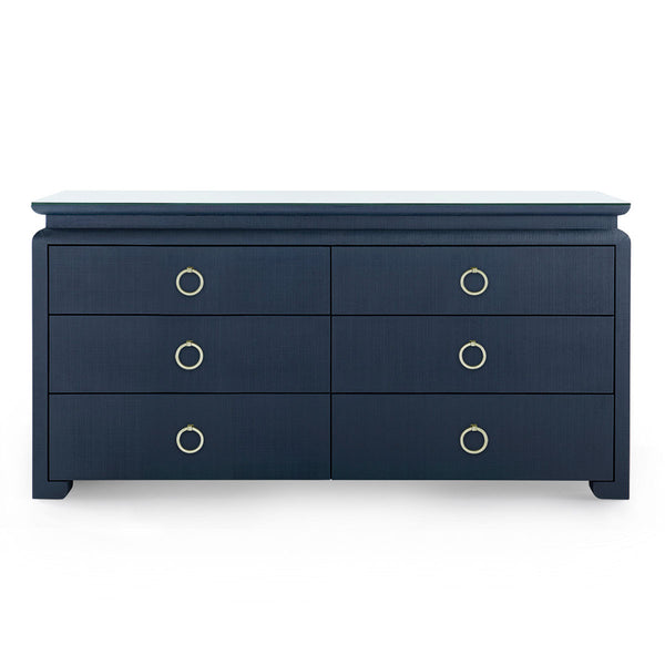 Elina Extra Large 6-Drawer Console with Glass Top, Storm Blue