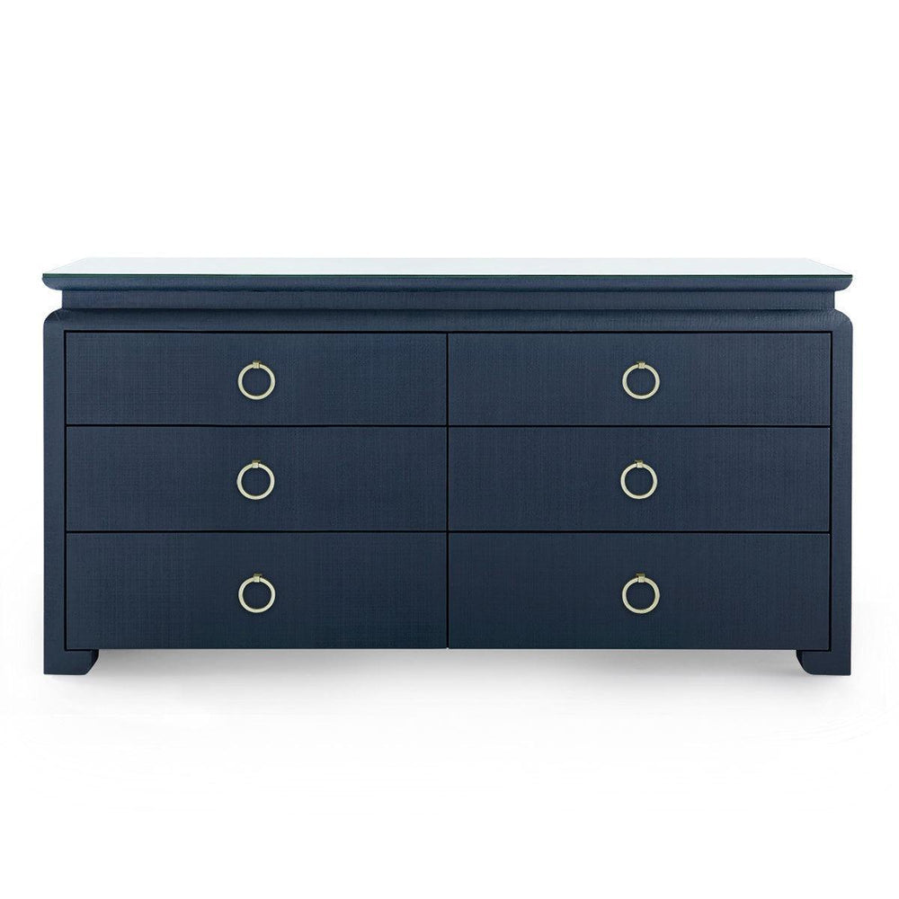 Elina Extra Large 6-Drawer Console with Glass Top, Storm Blue-Blue Hand Home