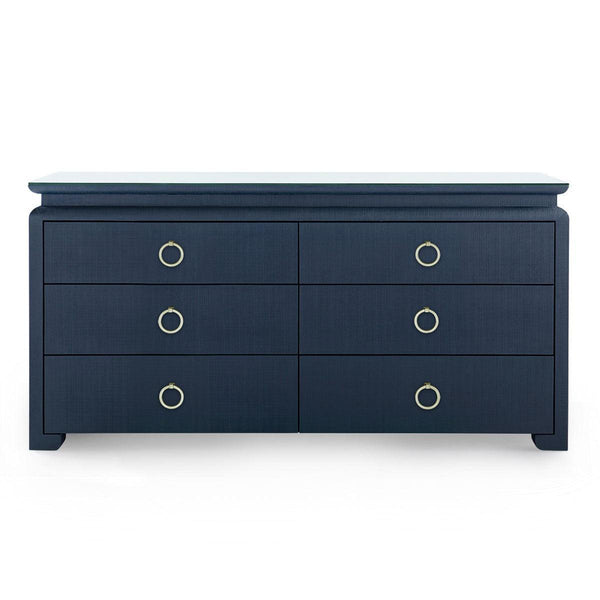 Elina Extra Large 6-Drawer Console with Glass Top, Storm Blue-Blue Hand Home