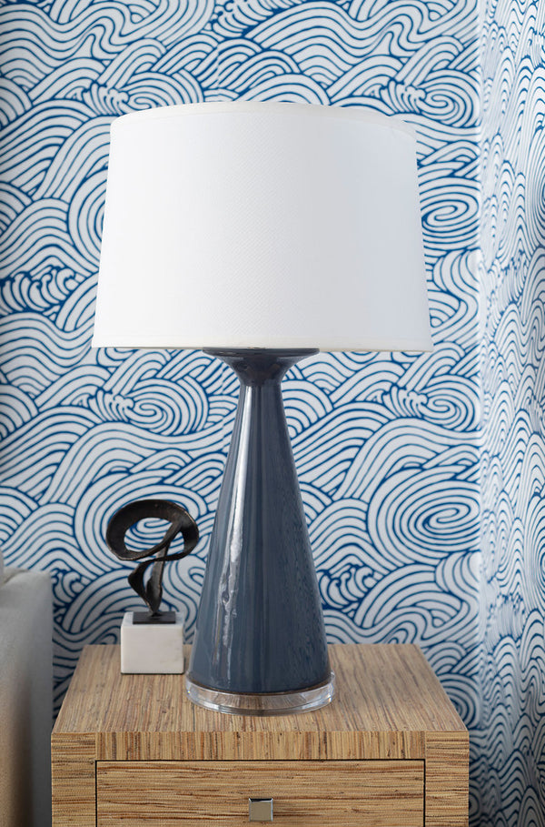 Evo Lamp with Shade 17-inch White Linen, with Nickel, Bluestone