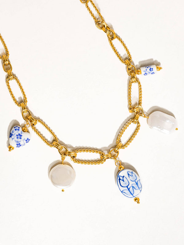 Riela 18K Gold Non-Tarnish Ceramic Floral Chain Necklace-Blue Hand Home