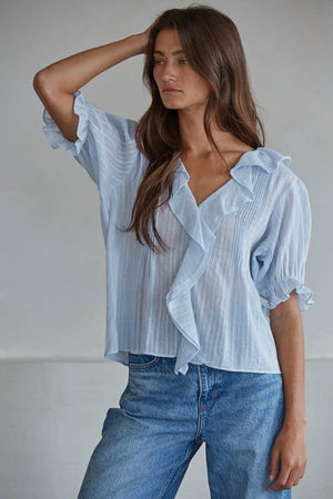 L8439 | Woven Cotton Buttondown V-Neck Short Sleeve Top