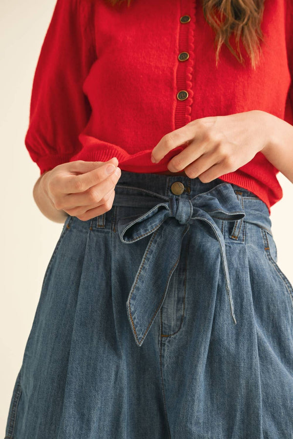 J5056 PUFF SHORT SLEEVE BUTTON DOWN KNIT CARDIGAN-Blue Hand Home