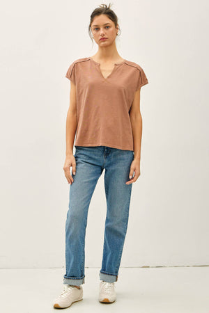 Garment Dye Oversize Cut Split-V Cotton Slub Tee-Blue Hand Home