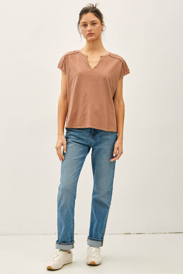 Garment Dye Oversize Cut Split-V Cotton Slub Tee-Blue Hand Home