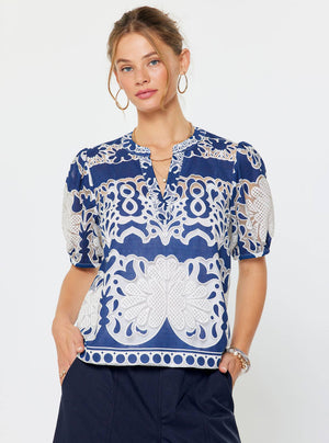 Embroidered Short Puff Sleeve Blouse-Blue Hand Home