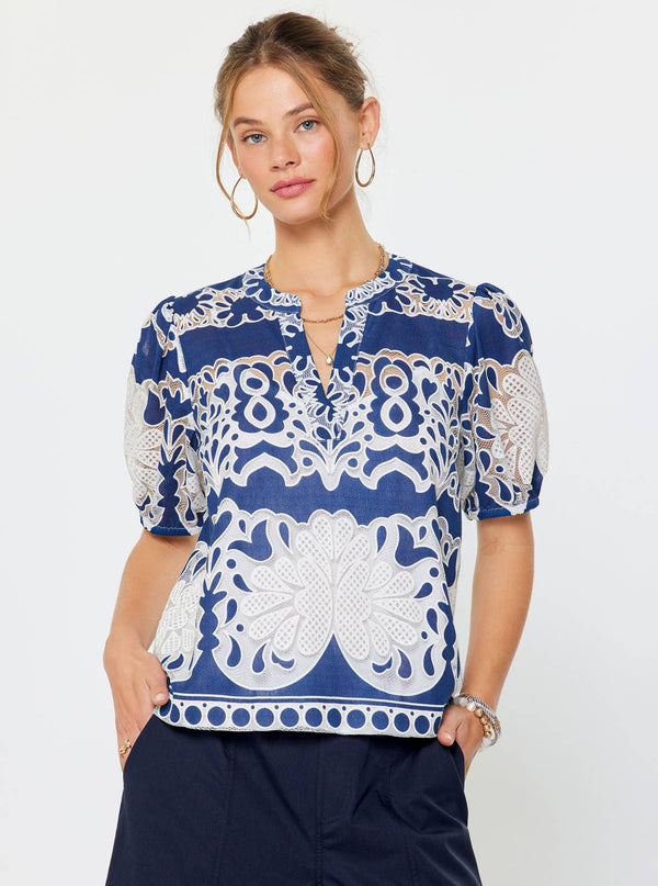 Embroidered Short Puff Sleeve Blouse-Blue Hand Home