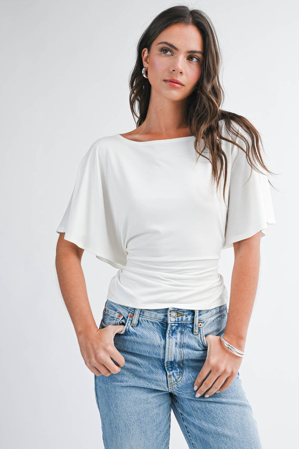 8654hk Draped Short Sleeve Back Tie Top Tee