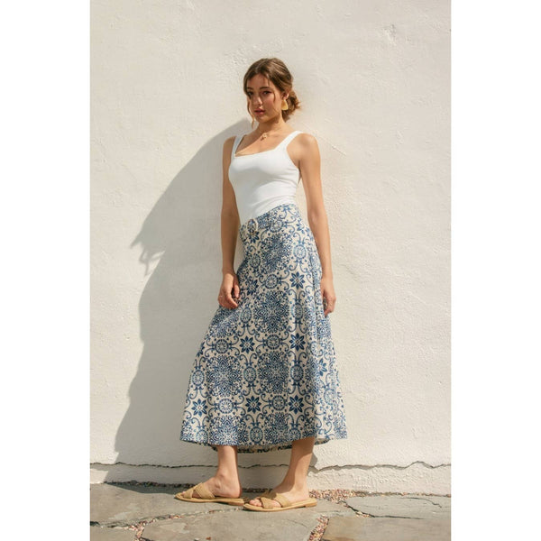 Summer In Capri Buckled A Line Midi Skirt-Blue Hand Home