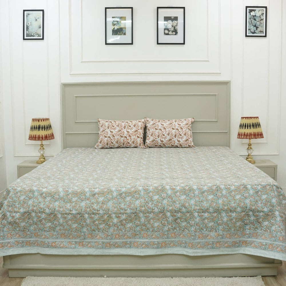 Bohemian Block Bedsheet With Pillow Cover -Throny Stems-Blue Hand Home