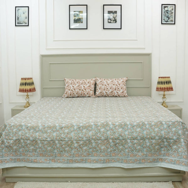 Bohemian Block Bedsheet With Pillow Cover -Throny Stems-Blue Hand Home