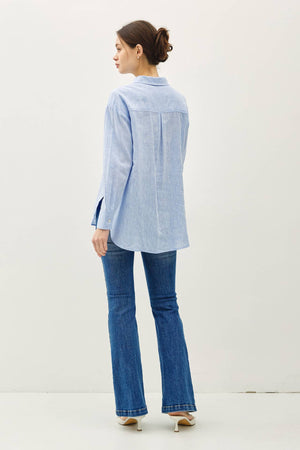 COTTON LINEN BLEND LONG SLEEVE BUTTON UP SHIRT-Blue Hand Home