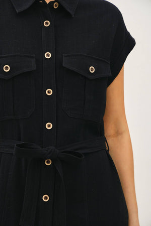 BUTTON UP MIDI DRESS W/ UTILITY STYLE POCKETS-Blue Hand Home
