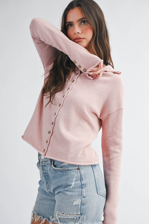 5221HK Button Front Cropped Knit Cardigan-Blue Hand Home