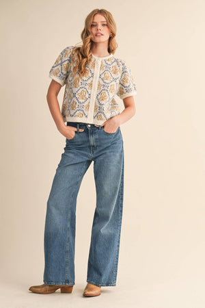 FLORAL SHORT SLEEVE SWEATER CARDIGAN MSW11258-Blue Hand Home