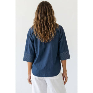 Contrast Stitch Detail Popover Blouse-Blue Hand Home