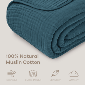 Muslin Blanket for Adults, 6-Layer Bedding by Comfy Cubs-Blue Hand Home