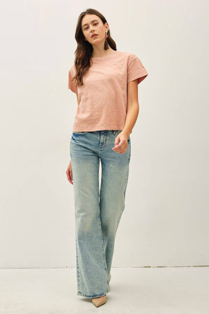 Garment Dyed Cotton Slub Half Sleeve Crop Top