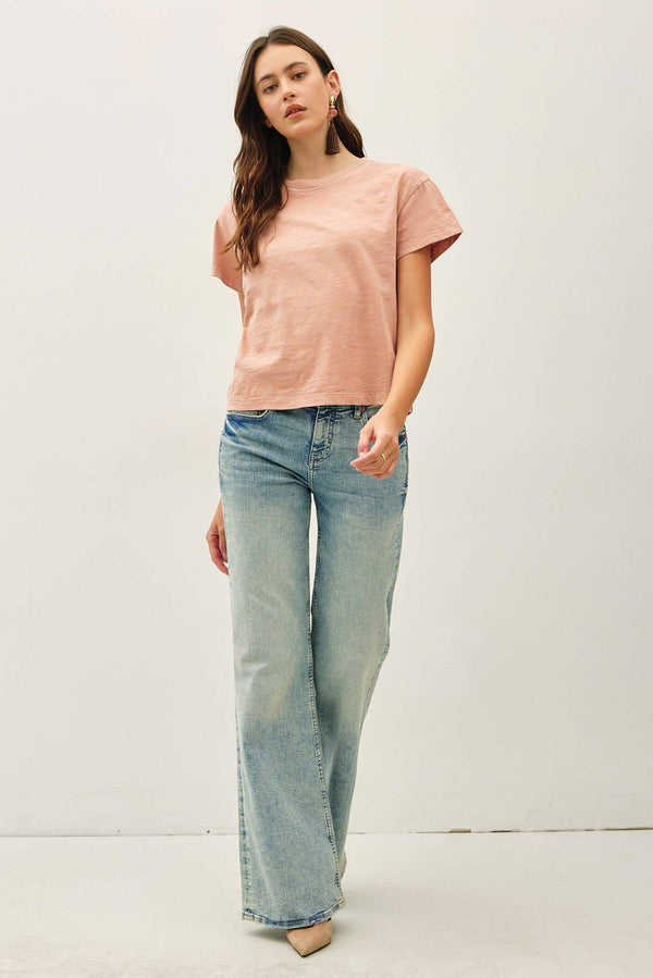 Garment Dyed Cotton Slub Half Sleeve Crop Top