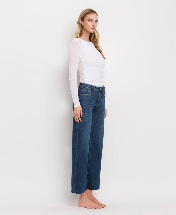 TUMMY CONTROL MID RISE DARK WASH WIDE LEG JEANS LV1311-Blue Hand Home