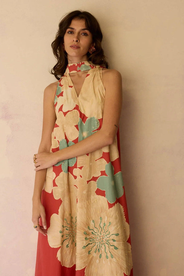 Hibiscus Anaar Soft Drape Maxi Dress - Coral-Blue Hand Home
