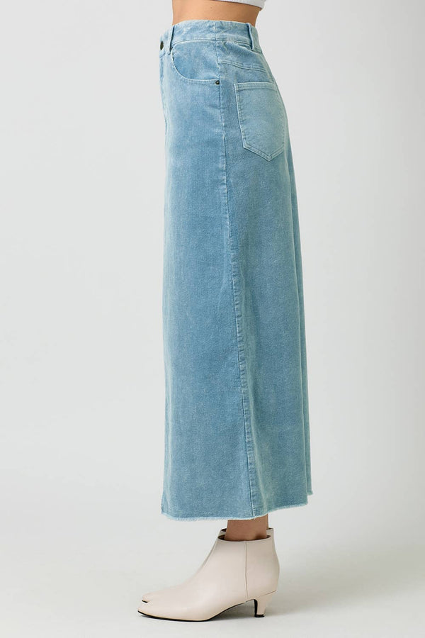 60742 Washed Front Slit Corduroy Skirt-Blue Hand Home