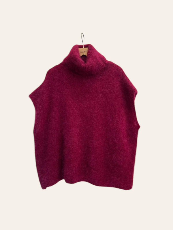 80% Kid Mohair Turtleneck Poncho Sweater: Vert Amande / One Size-Blue Hand Home