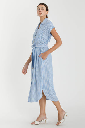 STRIPED UTILITY STYLE SHIRT DRESS W WAIST TIE-Blue Hand Home