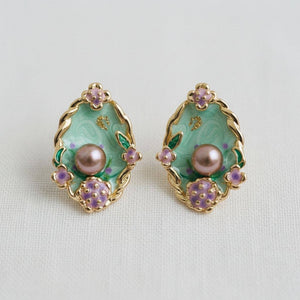 Vintage Inspired Enamel Pearl Stud Earrings-Blue Hand Home