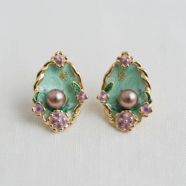 Vintage Inspired Enamel Pearl Stud Earrings-Blue Hand Home