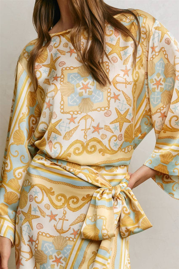 Conversational Scarf Satin Sash Kaftan Dress-Blue Hand Home