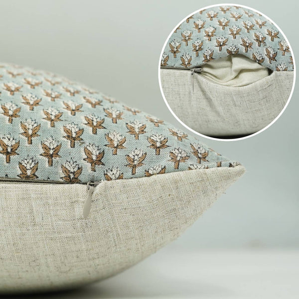 Elegant Hand Block Printed Viscose Linen Pillow Cover- Mogra-Blue Hand Home