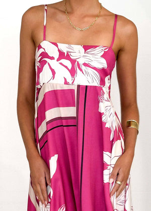 2025 Tropical botanical Floral thin strap flare swing dress-Blue Hand Home