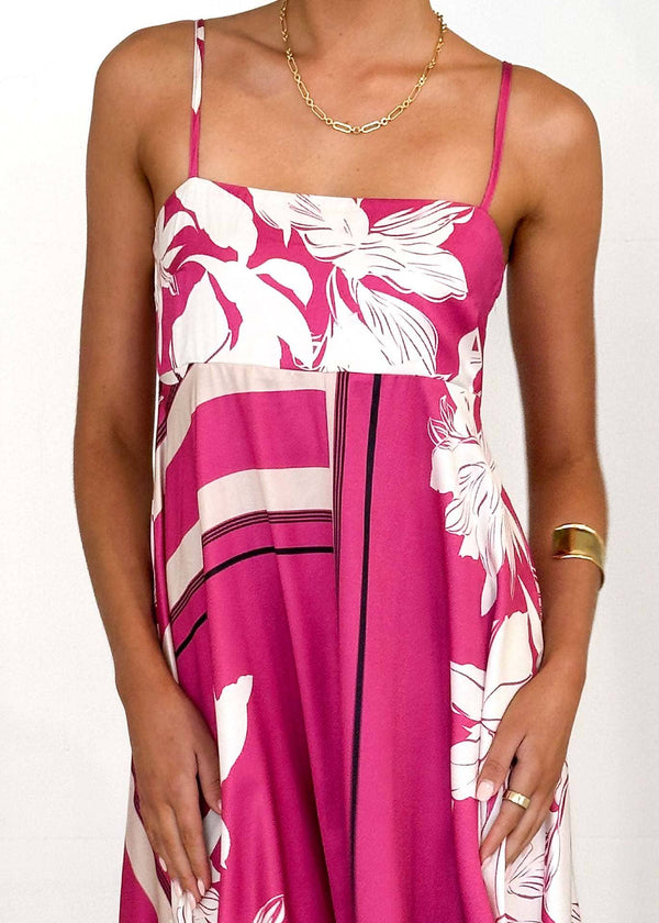 2025 Tropical botanical Floral thin strap flare swing dress-Blue Hand Home