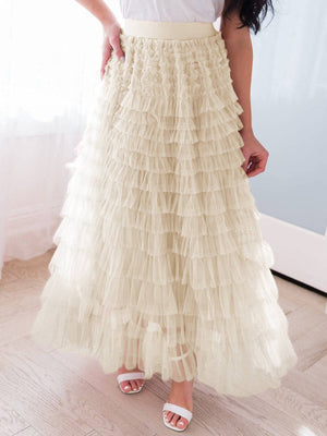 Elastic waist ruffle tulle maxi skirt-Blue Hand Home
