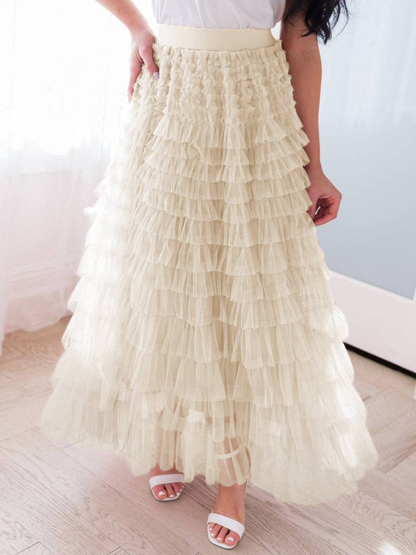 Elastic waist ruffle tulle maxi skirt-Blue Hand Home