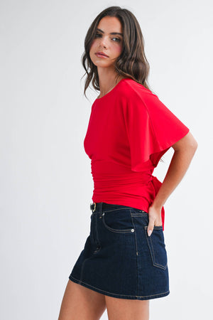 8654hk Draped Short Sleeve Back Tie Top Tee