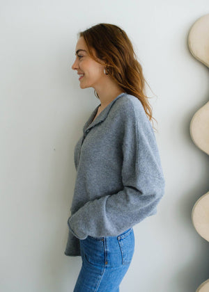 Heather Grey Piper Cardigan-Blue Hand Home
