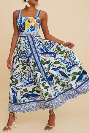 Boho Tropical Birdie Blue Floral Print Strappy Flare Dress-Blue Hand Home