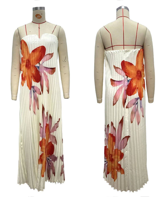 Bergamot Floral Pleated Sweetheart Neck Maxi Dress-Blue Hand Home