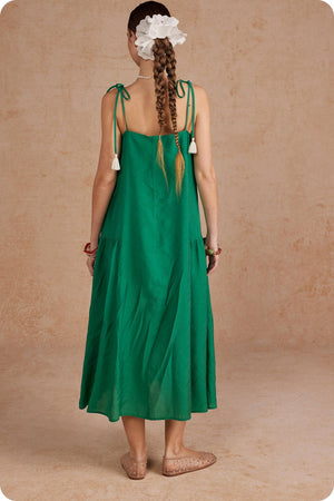 Floral Embroidered Sleeveless Tassel Tie Strap Midi Dress