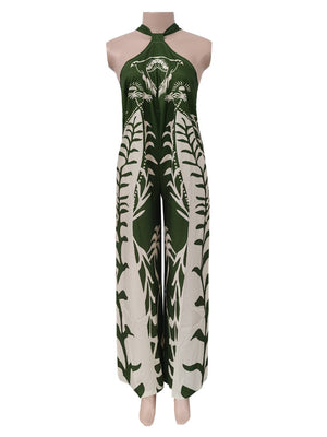 Vacation Palm Tree Tropical Prints Halter Jumpsuit-Blue Hand Home