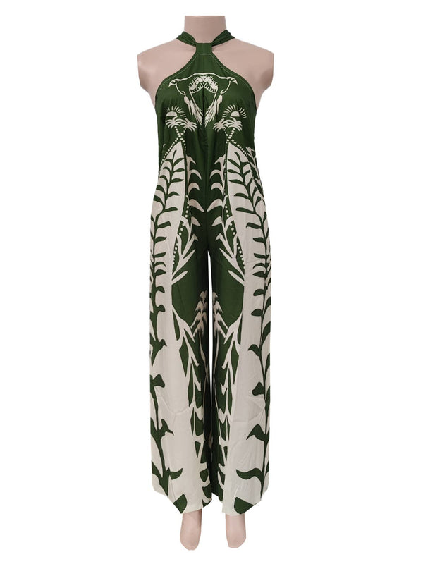 Vacation Palm Tree Tropical Prints Halter Jumpsuit-Blue Hand Home