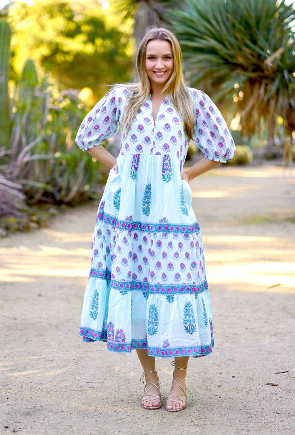 Remi Block Print Maxi Dress Lt. Blue-Blue Hand Home