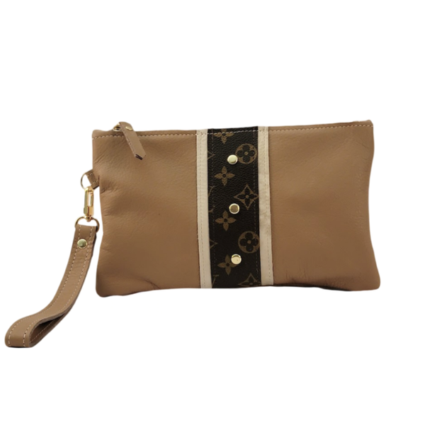 Cathy Wristlet In Mocha Mousse Leather | Upcycled LV-Blue Hand Home
