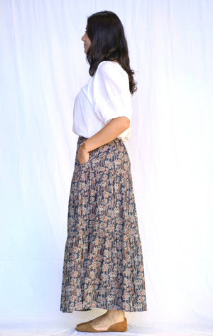 Block Printed Tiered Cotton Skirt- Indigo -Blue Hand Home