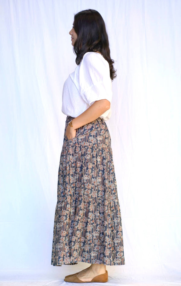 Block Printed Tiered Cotton Skirt- Indigo -Blue Hand Home
