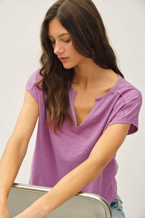 Garment Dye Oversize Cut Split-V Cotton Slub Tee-Blue Hand Home