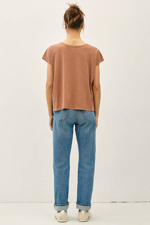 Garment Dye Oversize Cut Split-V Cotton Slub Tee-Blue Hand Home