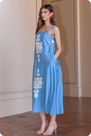 Floral Embroidered Sleeveless Tassel Tie Strap Midi Dress